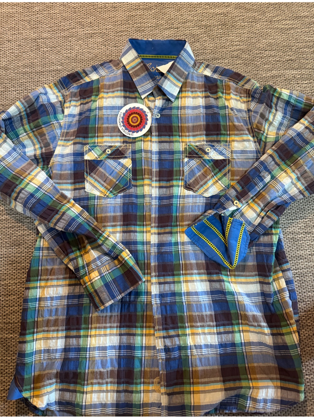 Men's Blue & Green Plaid Button-Up Shirt